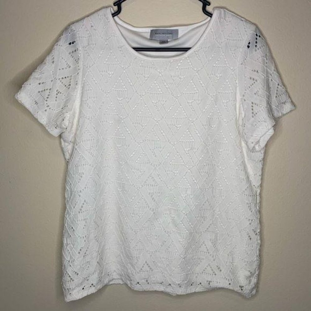 Andrew Marc White Lace Overlay Crewneck Top